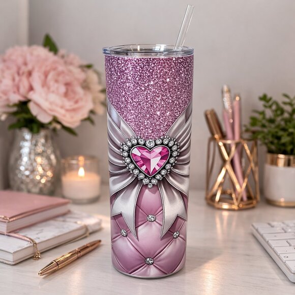 The Crowing Hen of Clayton Other - Pink Glitter Heart Bow 20 oz Skinny Tumbler | Glam Rhinestone Bling Tumbler